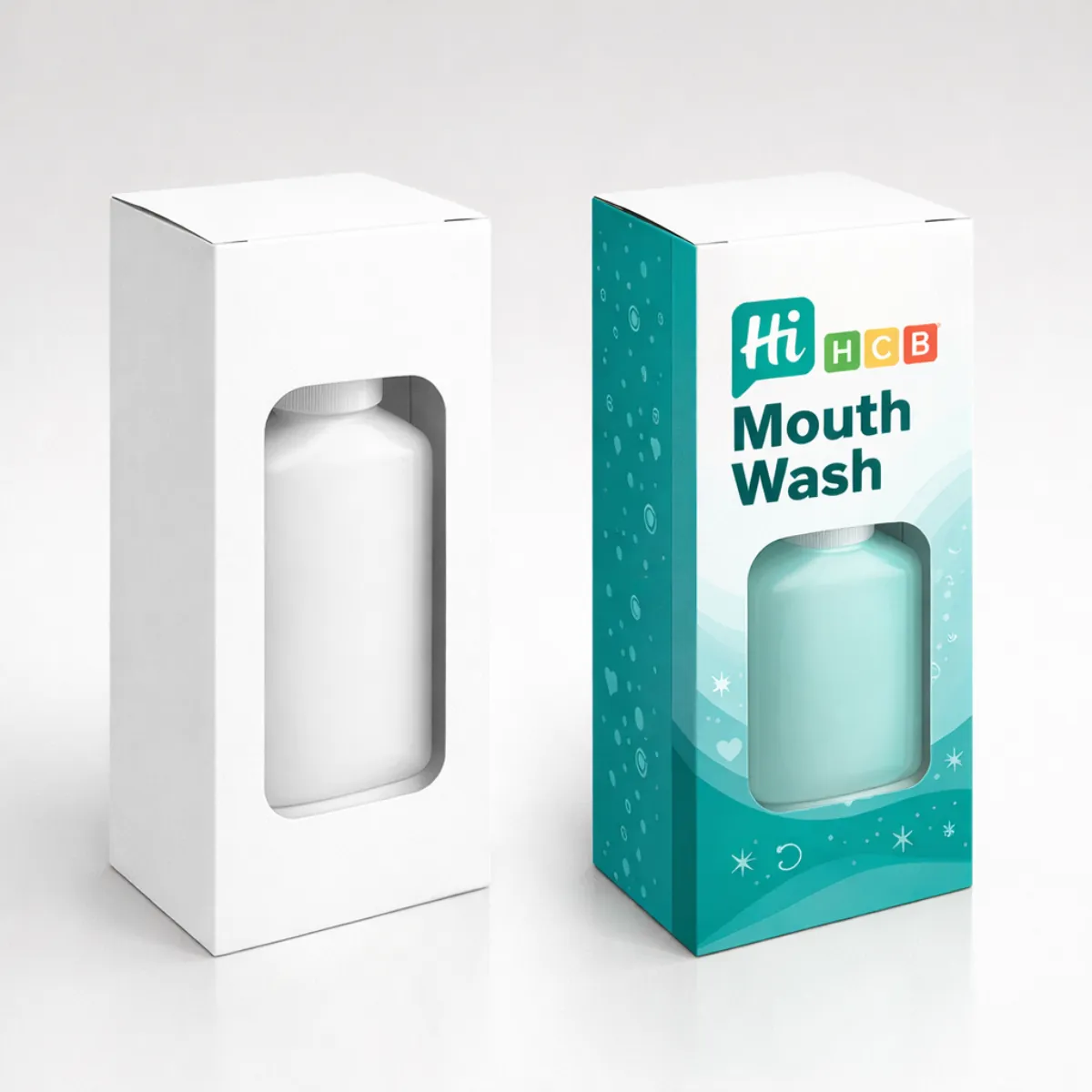 Cardboard mouthwash boxes with a die-cut window displaying a bottle inside- in plain and branded versions- class=